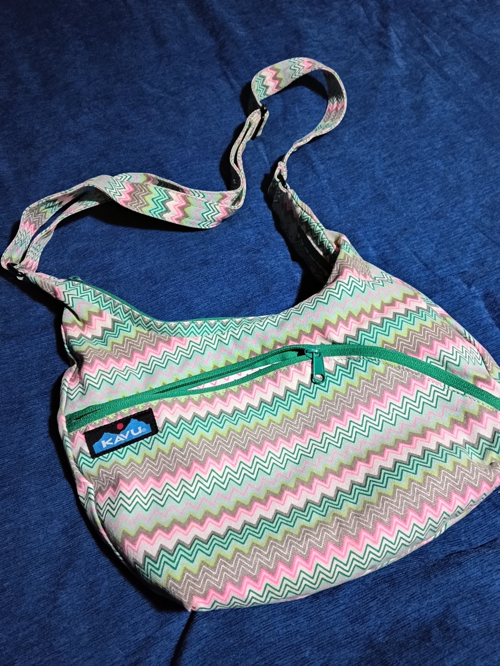 Kavu Chevron Crossbody Bag in Pink, Green & Tan